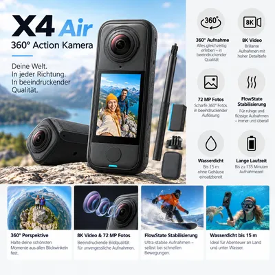 Produktbild von Insta360 X4 AIR, 8K Ultra HD, CMOS, 120 fps, WLAN, Bluetooth, 2010 mAh