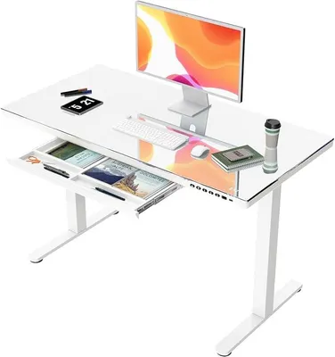 Imagen del producto de Escritorio de altura ajustable, eléctrico, con cajón, de 120x60 cm, para trabajar de pie o sentado, ideal para teletrabajo, color blanco