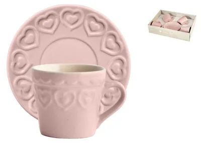 4 Kaffeetassen mit Untertasse, Rosa, Steinzeug, 22028