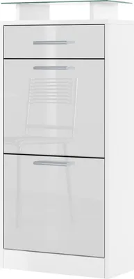 Produktbild von Vladon Schuhschrank Loret V2, Schuhkipper für 8 Paar Schuhe mit 2 Klappen, 1 Schublade und Glasablage, Weiß matt/Weiß Hochglanz (46 x 104 x 23 cm)
