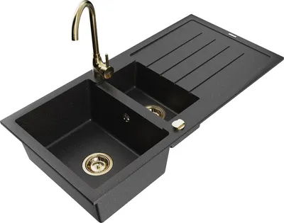 Produktbild von Mexen Andres 1,5-Becken-Granitspüle mit Abtropffläche und Mischbatterie Telma, Schwarz/Silber - 6515-73-670200-50