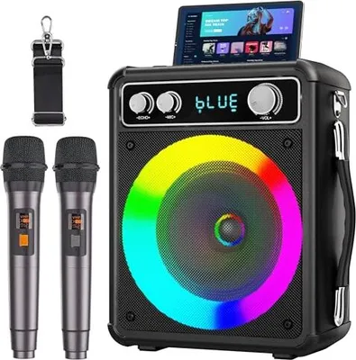 Produktbild von Tragbare Karaoke -Maschine 2 Wireless Mikrofone, Ankuka Bluetooth -Lautsprecherbox Erwachsene / Kinder LED -Lichteffekte, unterstützt TF / USB, FM, RE