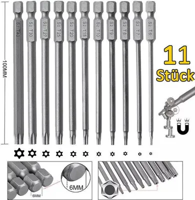 Produktbild von 11x Torx Bit Set T6-T40 100mm Lang Magnetisch mit Stirnloch Schraubendreher Satz