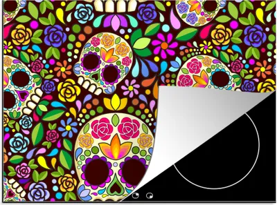 Produktbild von KitchenYeah© Herdabdeckplatte Blumen - Totenkopf - Muster , 71x52cm, Küche Deko, Glaskeramikkochfeld Herdabdeckung, Abdeckplatte fùr Kochfeld