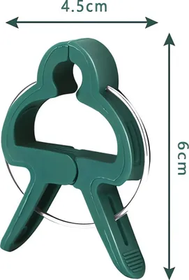 A green plant clip with size dimensions indicated.