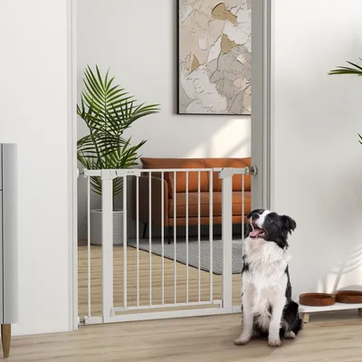 Produktbild von Türschutzgitter ohne Bohren, Absperrgitter einhändig öffnen, Hundegitter Stahl, Weiß | 76–97 cm breit | 76 cm hoch | Spannmechanik