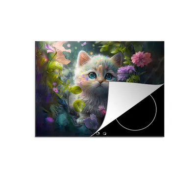 Produktbild von KitchenYeah© Herdabdeckplatte Kätzchen - Blumen - Wald - Illustration - Katze , 71x52cm, Küche Deko, Glaskeramikkochfeld Herdabdeckung, Abdeckplatte fùr Kochfeld