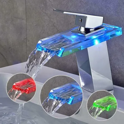 Obrázek produktu pro LED koupelnové baterie RGB vodopádová umyvadlová baterie vodopádová směšovací baterie osvětlení jednopáková skleněná baterie