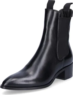 A black leather ankle boot with elastic side panels and a block heel, presented against a white background.
