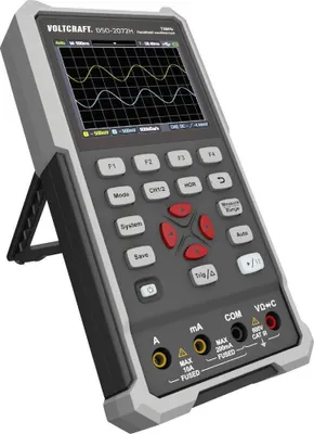 A digital oscilloscope is shown from a side angle, propped up by its kickstand.