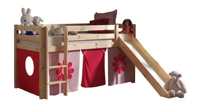 Produktbild von Vipack Spielbett Pino mit Rutsche und Textilset "Pink Flower" - Kiefer massiv natur lackiert, Maße: 210 cm x 114 cm x 218 cm; PICOHSGB1073
