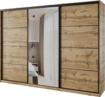 Obrázek produktu pro Šatní skříň NEJBY BARNABA 280 cm s posuvnými dveřmi,zrcadlem,4 šuplíky a 2 šatními tyčemi,dub wotan