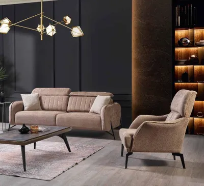 Produktbild von Beiges Wohnzimmer Stoffsofa r Sessel 3-Sitzer Einsitzer 2tlg