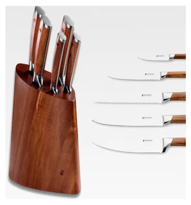 Produktbild von Messerblock aus Akazienholz mit 5 Messern | Brotmesser, Kochmesser, Schinkenmesser, Allzweckmesser, Spickmesser | Edelstahl rostfrei | 30 x 13,5 x 37,5 cm