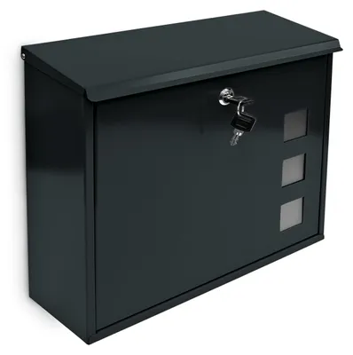 Produktbild von Relaxdays Briefkasten, Dekor-Fenster, 2 Schlüssel, Montagematerial, 33 x 34,5 x 10,5 cm, Metall, Postkasten, schwarz