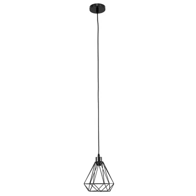 A single black pendant light with a geometric wireframe shade, suspended from a black cord and ceiling mount against a white background.