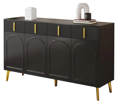 Zdjęcie produktu dla Komoda bufetowa, czarna, z złotymi uchwytami i nogami, 2 szafki, 4 szuflady, 140 cm