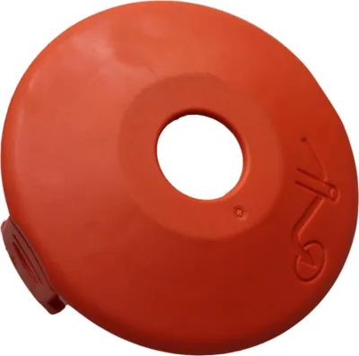 A close-up, top-down view of an orange plastic spool cover with a central hole.