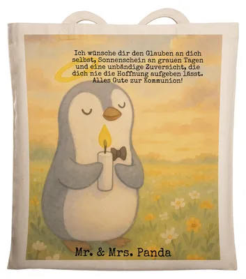 Produktbild von Mr. & Mrs. Panda Tote Bag Pinguin Kommunion Design - Weiß - Geschenk, Tasche, Glauben, Einkaufstasche, Schultasche, Uni, Sonnenschein, Dankeschön, Jutebeutel