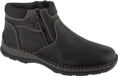A single black leather boot with a zipper.