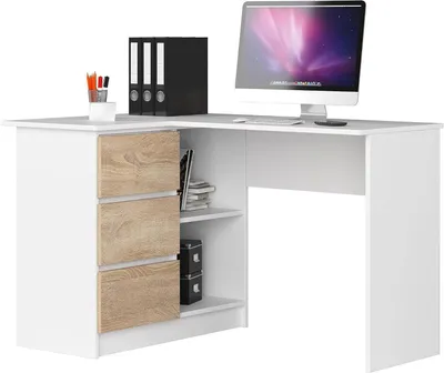 Produktbild von Eckschreibtisch mit Schubladen – Arbeitsplatzschreibtisch – Organisation für das Arbeiten von zu Hause – Umkehrbare Ablageflächen – 124 x 77 cm – Weiß, Sonoma-Eiche Nachbildung