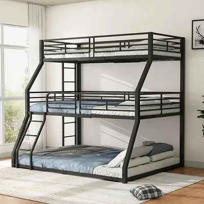 Produktbild von Etagenbett, 90x200 cm, 120 x 200cm und 140 x 200cm, Metallbettgestell, Eisenbett, Dreifach-Etagenbett, für Kinder, Jugendliche und Erwachsene, Ohne Matratze, Weiß (Schwarz)