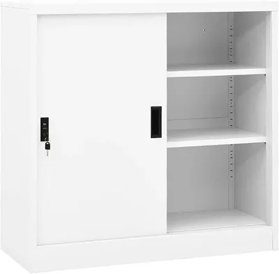 Obrázok produktu pre Kancelárska skriňa s posuvnými dverami, oceľová, biela, 90x40x90 cm. Uzamykateľná kovová skriňa s 2 nastaviteľnými policami, vhodná do kancelárie, pracovne, dielne a archívu