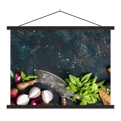 Produktbild von MuchoWow® Textilposter Gemüse - Kräuter - Wiegemesser - Zwiebel - Gewürze - Rustikal 150x113 cm mit schwarzem Rahmen - Wohnzimmer