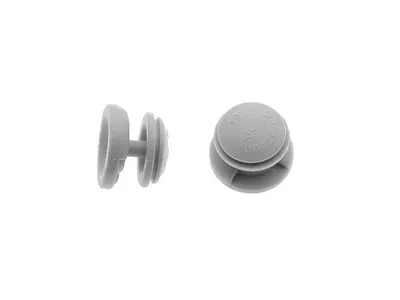 Two gray plastic components are shown against a white background. One component is a side view of a circular object with a stem and two flanges. The other component is a top-down view of a similar circular object with a stem and flanges, and some faint tex