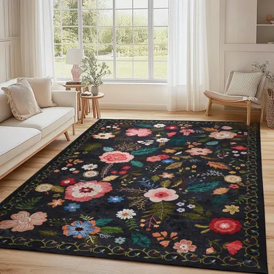 Produktbild von Waschbares Wohnzimmerteppich - Vintage Blumenmuster - Niedrigflor - Antirutsch - 160 x 200 cm