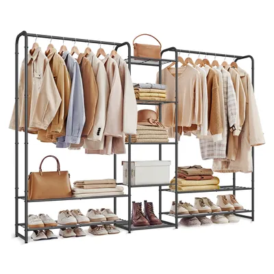Produktbild von SONGMICS Kleiderständer, offener Kleiderschrank, Kleiderstange, Garderobenständer mit Ablagen, Garderobe aus Metall, freistehend, mattschwarz