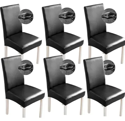 Produktbild von Stuhlhussen-Set, 6-teilig/4-teilig, aus Kunstleder, wasserdicht und elastisch, für Esszimmer, universelle Stuhlhussen für Zuhause, Büro und Restaurant (6-teiliges Set, schwarz)