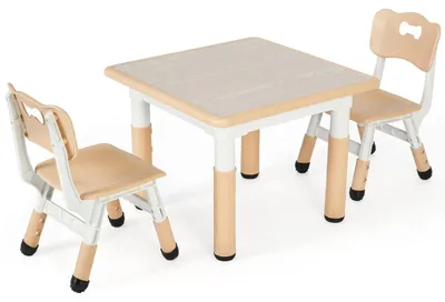 Produktbild von Kindertisch mit 2 Stühlen - Kindermöbel Set - Höhenverstellbar - Quadratischer Tisch - Kunststoff - Für Kinder 3-8 Jahre - Beige