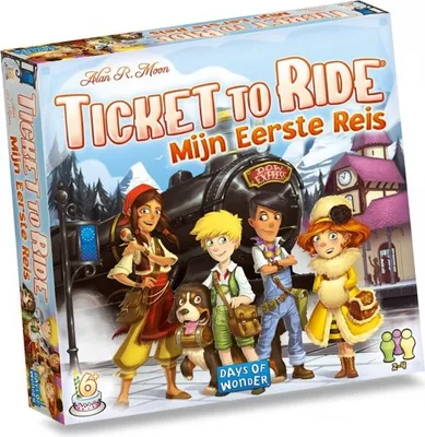 The image shows the front of a board game box, featuring cartoon characters and a train.