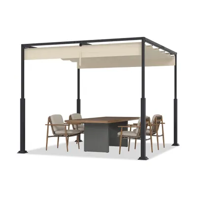 Image de FIVMEN Pavillon pergola 3x3 m avec structure en acier stable et toit coulissant de haute qualité en polyester enduit de PA, abri de terrasse indépendant, idéal pour l'extérieur (Beige)