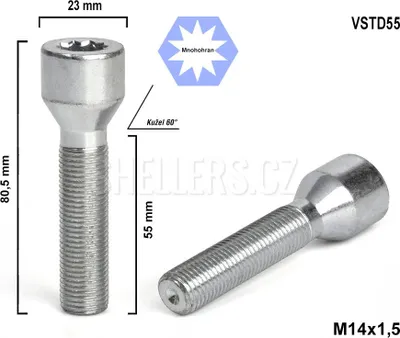 Obrázek produktu pro Kolový šroub M14x1,5x55 kužel s vnitřním mnohohranem, VSTD55, průměr 23mm, výška 80,5