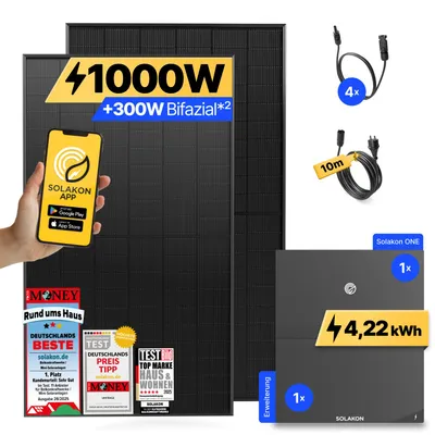 Produktbild von 1000W Balkonkraftwerk mit Speicher + Erweiterung Solakon ONE (4,22 kWh) Solaranlage Steckerfertig WIFI Komplettset Photovoltaik Anlage, Kabel: 10m