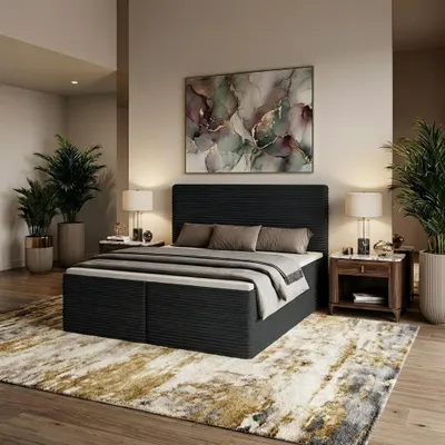 Produktbild von Boxspringbett RAVENO 140x200 cm mit Bettkasten inkl. Bonell-Federkernmatratze H3 und Topper – Stoff Tilia Schwarz (CORD)