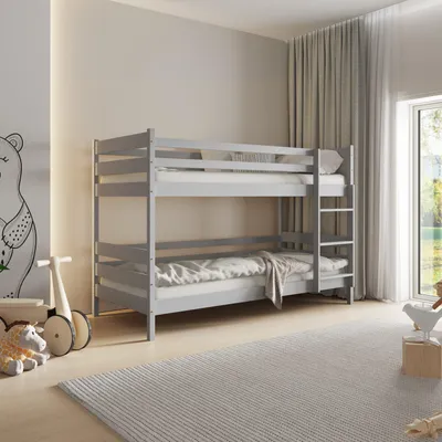 Produktbild von Masseno Etagenbett SIMBA 80x160 cm mit Rausfallschutz, Kinderbett mit Leiter für Mädchen und Jungs, Stockbett 2 Kinder, Holz, Hellgrau
