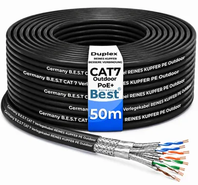Produktbild von B.E.S.T. CAT 7 Outdoor Netzwerkkabel 50 m Duplex S/FTP 10 Gbit/s 1000 MHz Kupfer LSZH Schwarz
