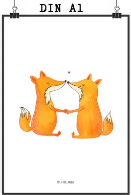 Produktbild von Mr. & Mrs. Panda Bild Füchse Liebe DIN A1 - Weiß - Geschenk, Kunstdruck, Wandbild, Plakat, Paar, drucke, Freundin, Händchen Halten, wanddeko, Fuchs