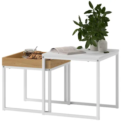 Produktbild von HOMCOM 2er-Set Couchtisch, Eckiger Beistelltisch, Kaffeetisch mit Stahlgestell