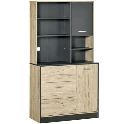 Image de Buffet de cuisine HOMCOM, meuble de cuisine avec plusieurs espaces de rangement, 2 portes, 3 tiroirs, 3 étagères + grand plateau, 90 L x 39 l x 169 H cm, bicolore, gris chêne clair