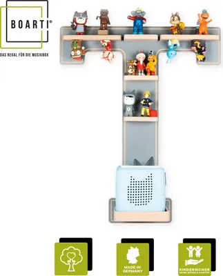 Produktbild von BOARTI Kinderregal Buchstabe T | hängend für Toniebox und Tonie Figuren | platzsparendes Regal | H. 54 x B. 45 x T. 19 | Wandregal Musikbox und Figuren Aufbewahrung Magneteinsätzen | Aufbewahrungsregal Holz