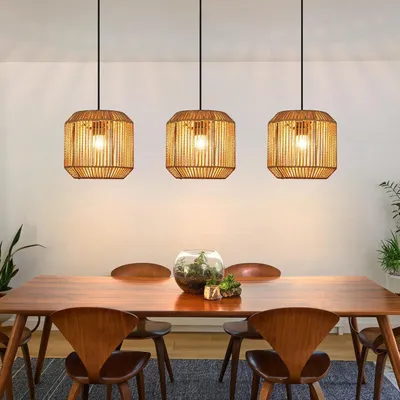 Image de ZMH Lampe à suspendre Boho Lampe à suspendre en rotin Lampe à suspendre salle à manger 3 flammes Lampe de table à manger Design rétro avec douille E27 pour chambre à coucher