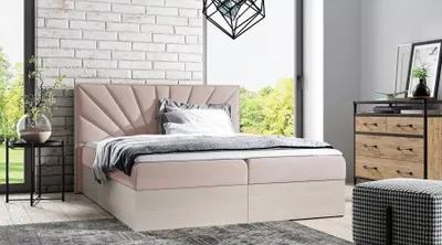 Obrázek produktu pro Čalouněná manželská postel 200x220 CHANTELLE 7 - nordic teak / růžová + topper