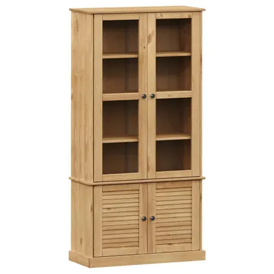 A wooden display cabinet with glass doors on top and slatted doors on the bottom, presented against a white background.