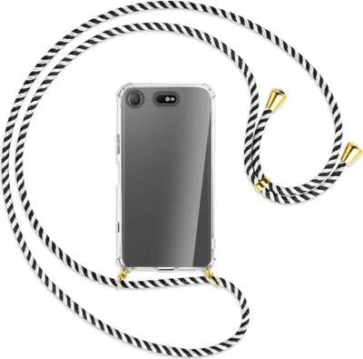 Produktbild von Handykette Backcover-Schutzhülle mit Band (Metall goldfarben) für Sony Xperia XZ1 Compact - schwarz/weiß gestreift