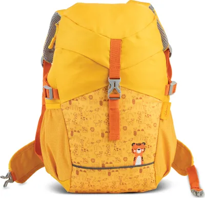 A yellow backpack with an animal print on the lower half.