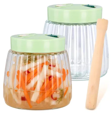 Produktbild von 2 Fermentiergläser 1L mit Entlüftungsventil und 2 Glasgewichten, Holzstampfer, Gärglas für Kimchi, Sauerkraut, Marmelade und Sauerteigstarter